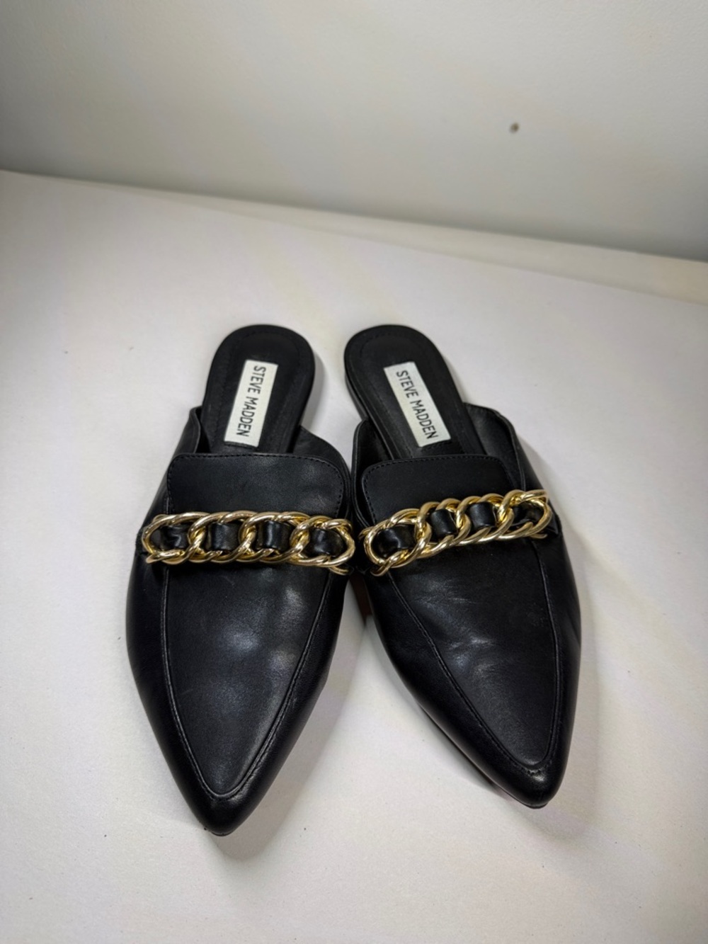 Steve Madden Black Pointed Slip-On Mules‎ with Gold Chain